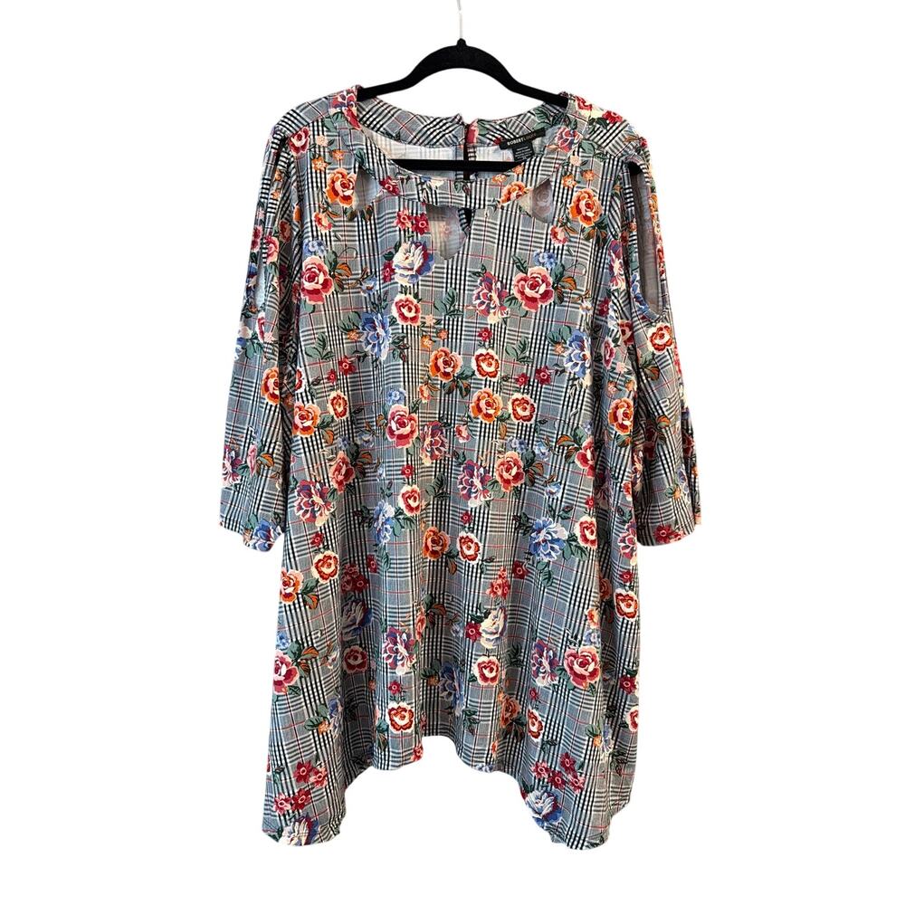 Robert Louis Women's Plus Size Black Plaid Floral Keyhole Blouse Size 3X